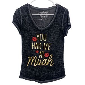 Rocker Girl You Had Me at Muah Short Sleeve Shirt Black Gold Size Small